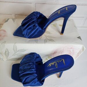 Lulus Blue Satin Ruched Square Toe Stiletto Sandals Women’s size 6